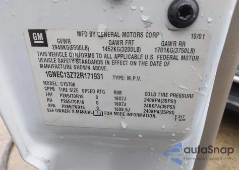 2002 Chevrolet Tahoe Ls из США, поврежденный, VIN 1GNEC13Z72R171931